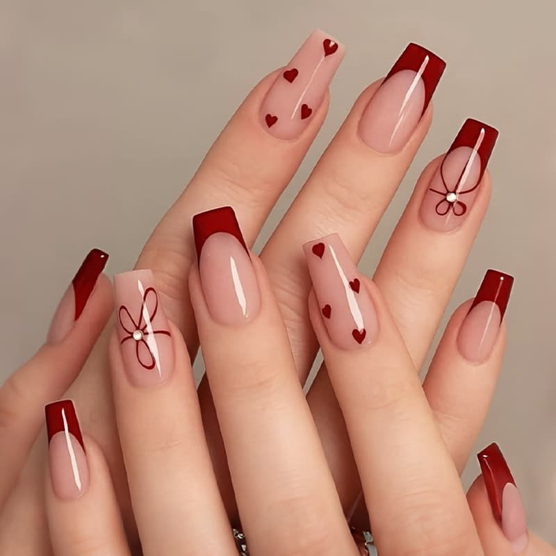Short Coffin Press-On Nails French Heart Bow Design Nail Tips Valentine's Day Elegant Look