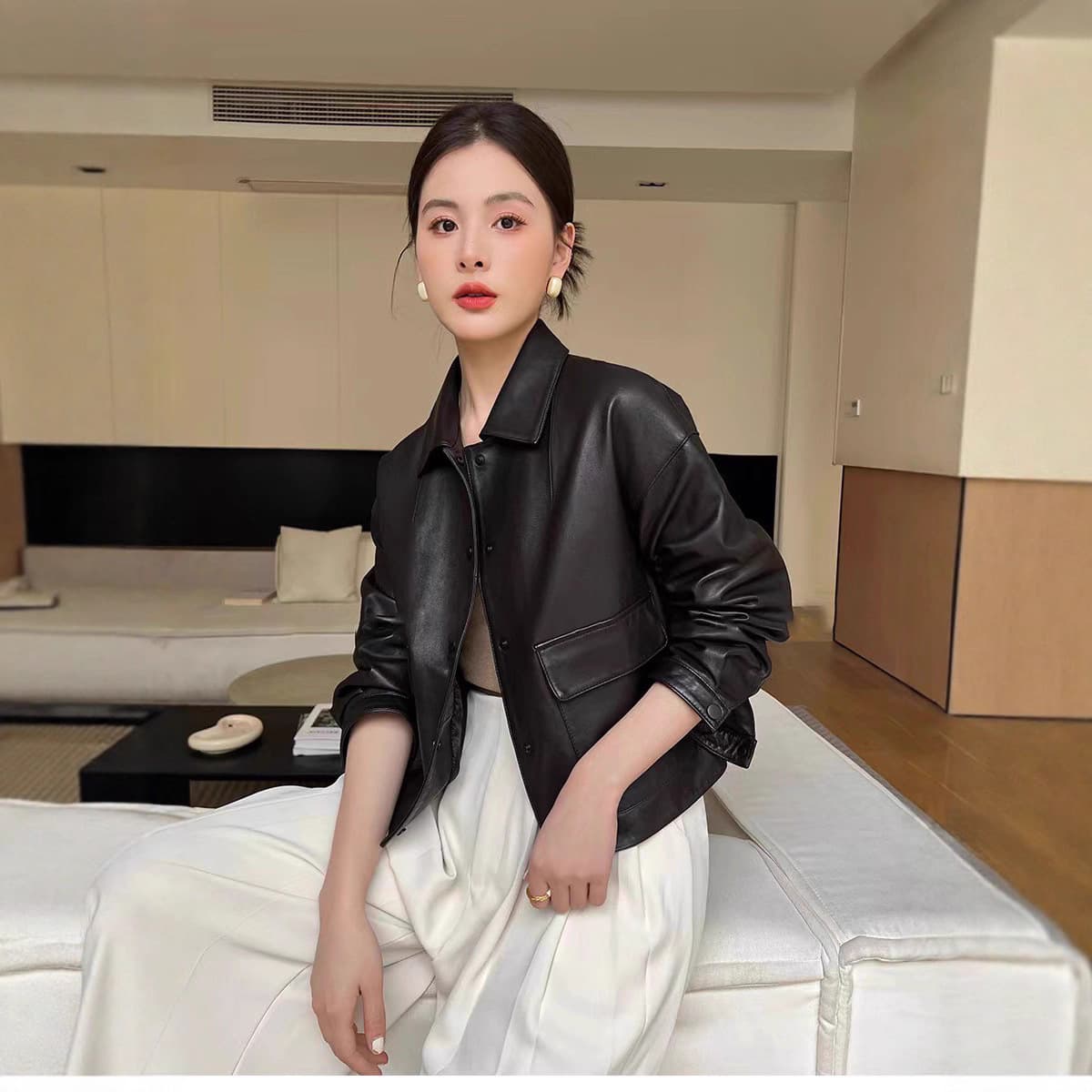 Spring/Autumn New Genuine Leather Jacket for Women, Vegetable-Tanned Lambskin, Ultra-Soft Lapel, Loose Casual Motorcycle Short Coat