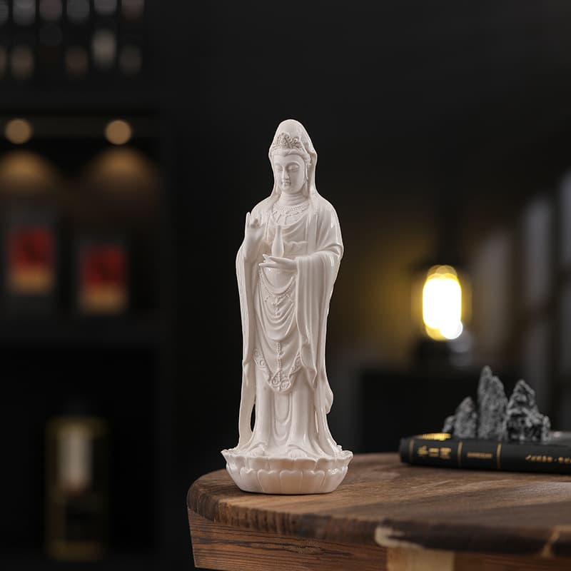 Dehua White Porcelain Putuo Mountain Nanhai Guanyin Statue for Home Use, Ceramic Avalokiteshvara Bodhisattva Statue, Standing Figure for Worship, Buddha Statue Ornament