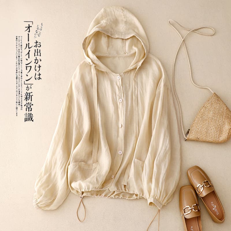 Summer New Style Large Size Artistic Loose Casual Hooded Sun Protection Clothing for Women Solid Color Commuter Beach Shirt Air Conditioning Shirt