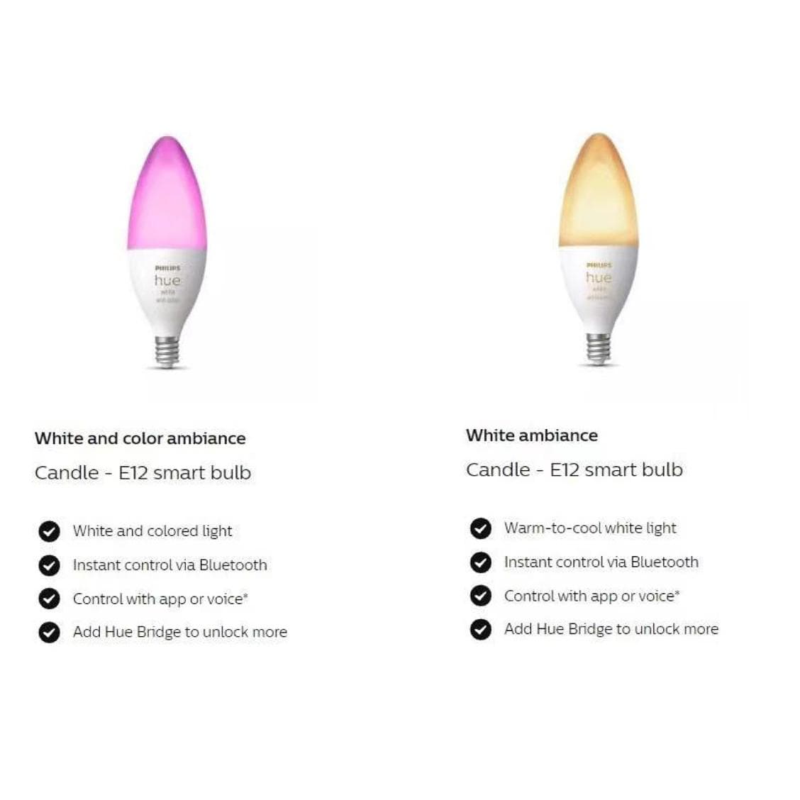 Philips Hue Candle Bulb E12 base US version 120V, new edition with Bluetooth, adjustable color temperature.
