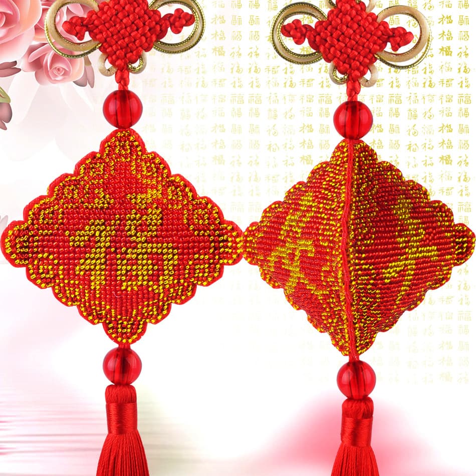 All-bead embroidery car pendant in red and yellow for peace and blessings, three-sided bead embroidery car hanging charm kit.