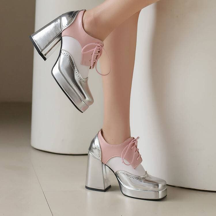 Cross-border Large Size Color-block Burnout Chunky Heel Oxford Shoes 2024 Autumn Winter Women Square Toe Lace-up Brogue Chunky Heels