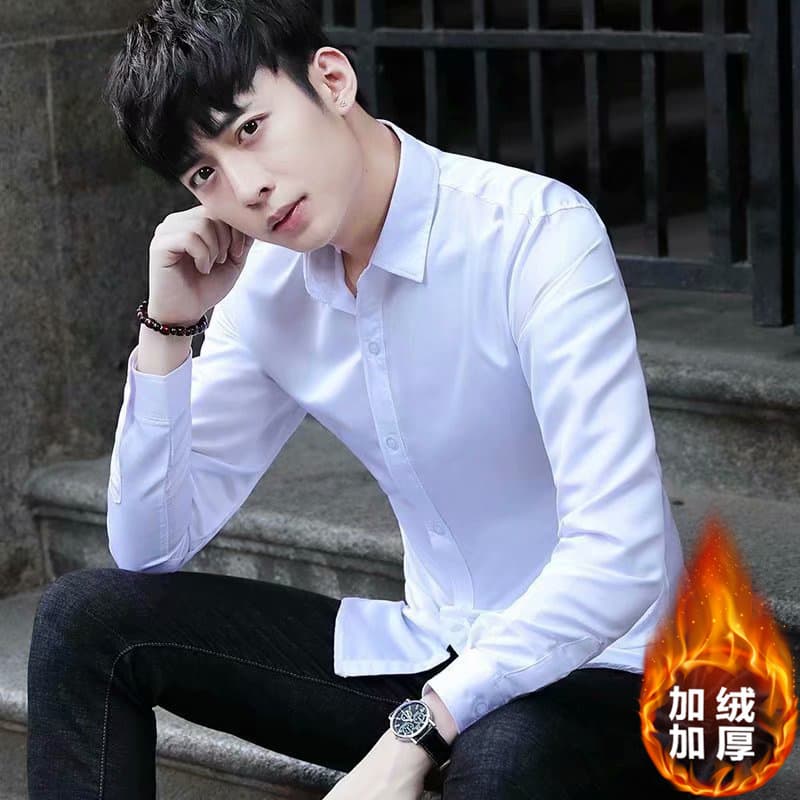 Winter Fleece-Lined Solid Black Shirt Long Sleeve Korean Slim Fit Business Casual Wrinkle-Free Thick Warm Coat