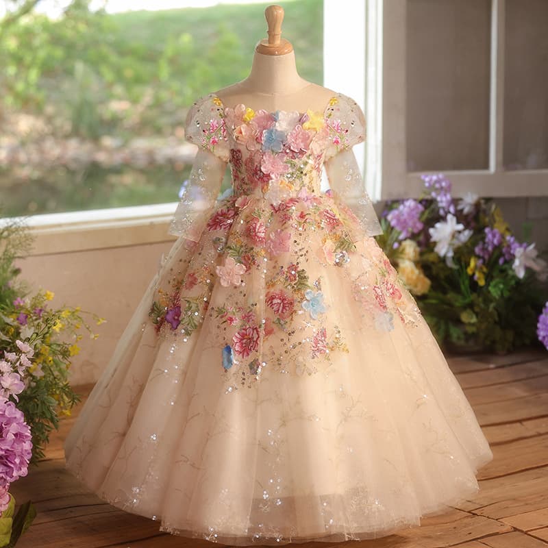 Girls' Runway Dress Forest Floral Long Sleeve Children's Piano Performance Outfit Birthday Party Flower Girl Princess Dress