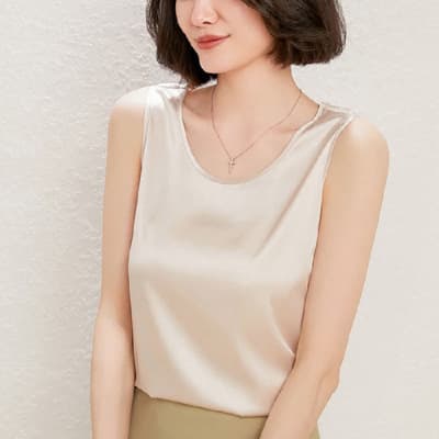 200-pound women's round neck tank top with faux triacetate satin fabric, perfect for layering or wearing alone in summer; slimming and flattering.