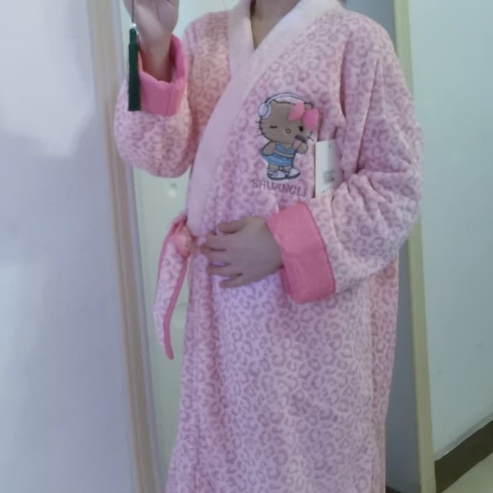 Shuangli Genuine Ultra-Soft Mid-Length Long-Sleeve Nightgown Women Leopard Print Plus Size Bathrobe Bath Wrap