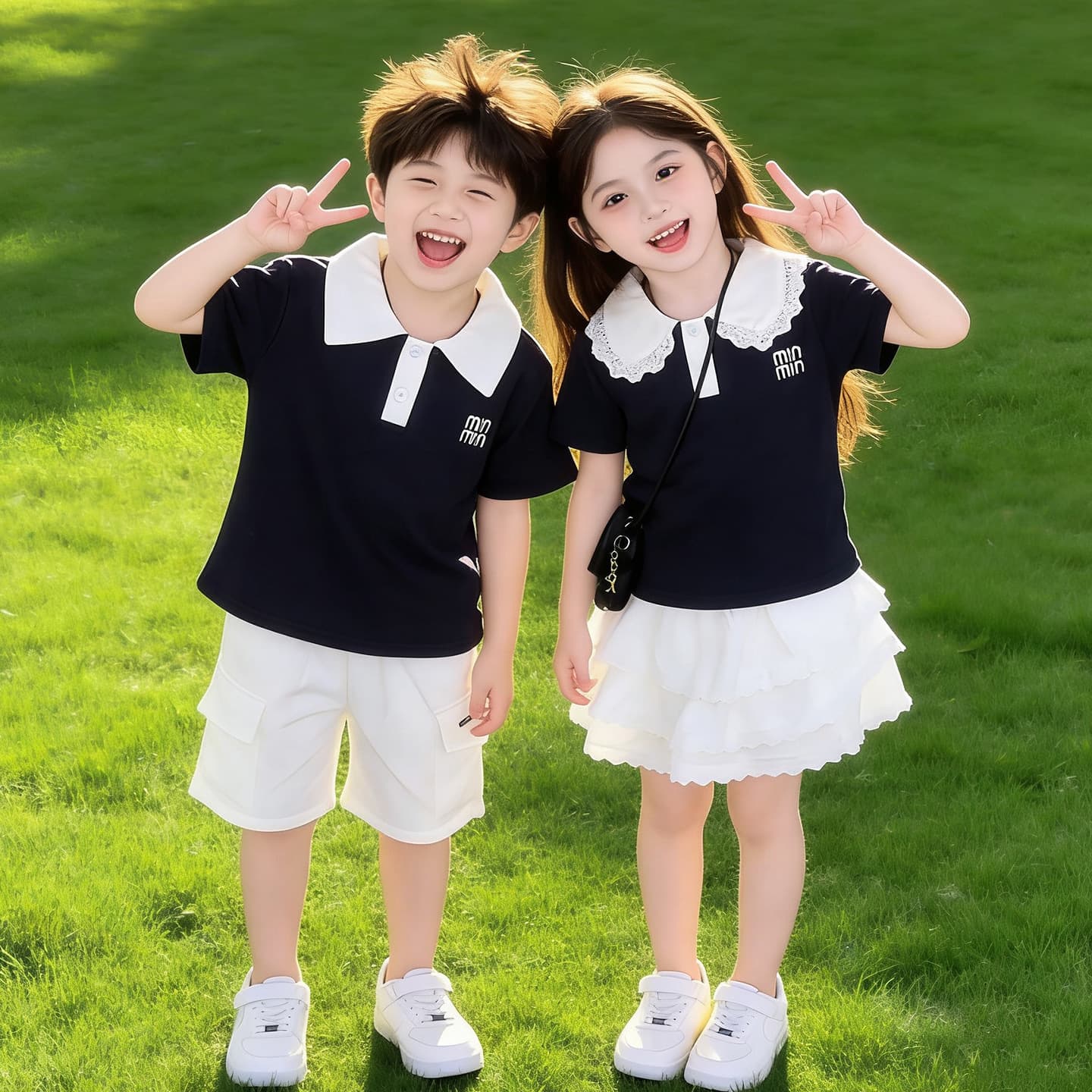 Boys and girls summer college style suit 2026 new children's fashionable polo shirt brother and sister two-piece trendy set