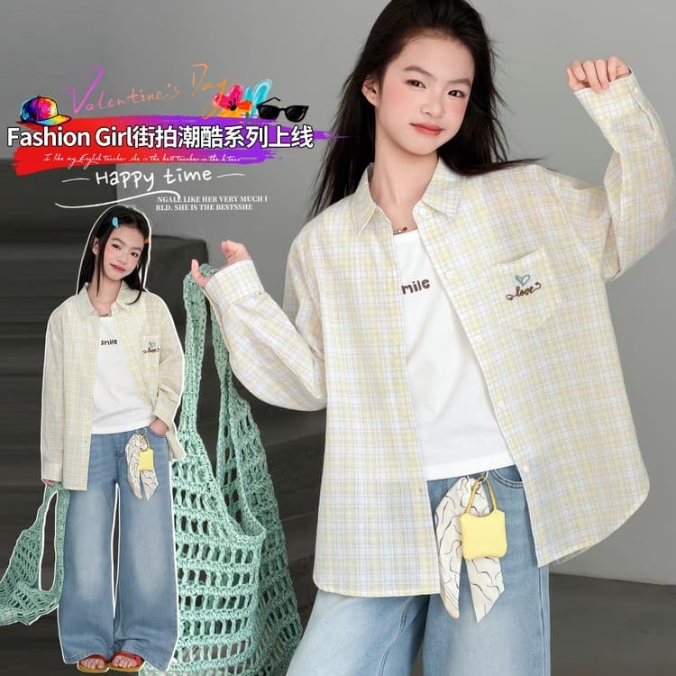 Girls Fall 2026 New Plaid Shirt 3-Piece Set Trendy Fashion T-Shirt Jeans Set for Kids
