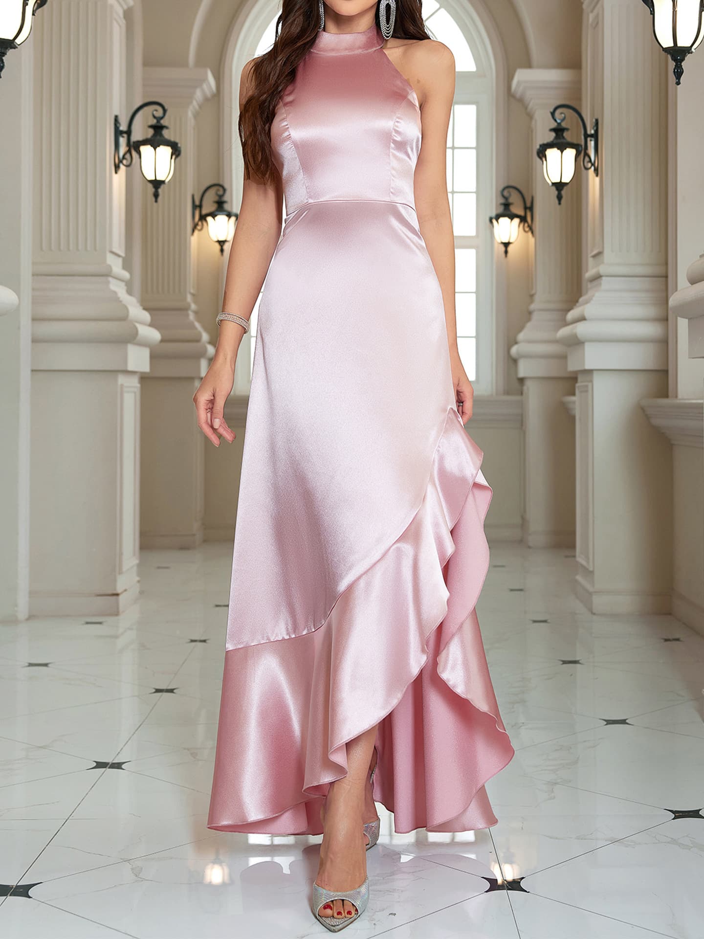 European and American Pink Satin Halter Dress Ruffle Slit Long Wedding Bridesmaid Evening Gown for Women