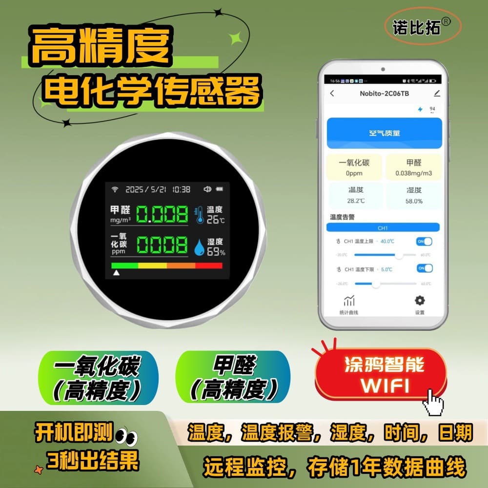 2CO6TB, Tuya Smart WIFI Formaldehyde HCHO, Carbon Monoxide (CO) Detector, Temperature and Humidity Detector