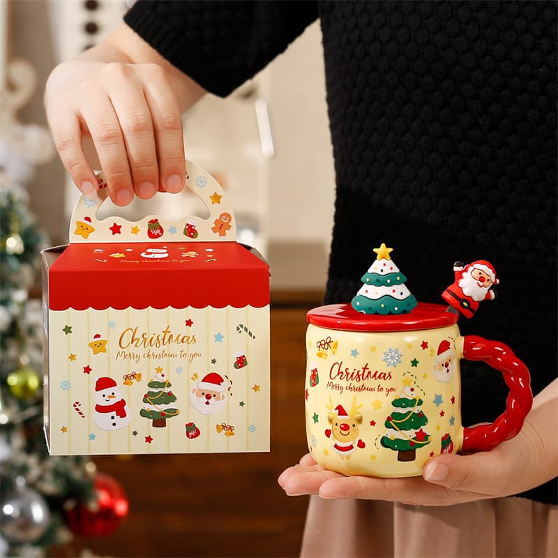 Creative Christmas Ceramic Mug with Lid and Spoon Cartoon Santa Claus Water Cup Gift Box Set Holiday Souvenir Gift