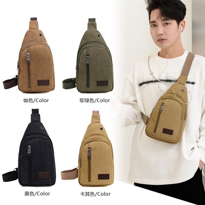 New casual men's chest bag, canvas crossbody bag, solid color, 3x3 style, men's chest bag, wholesale for export.