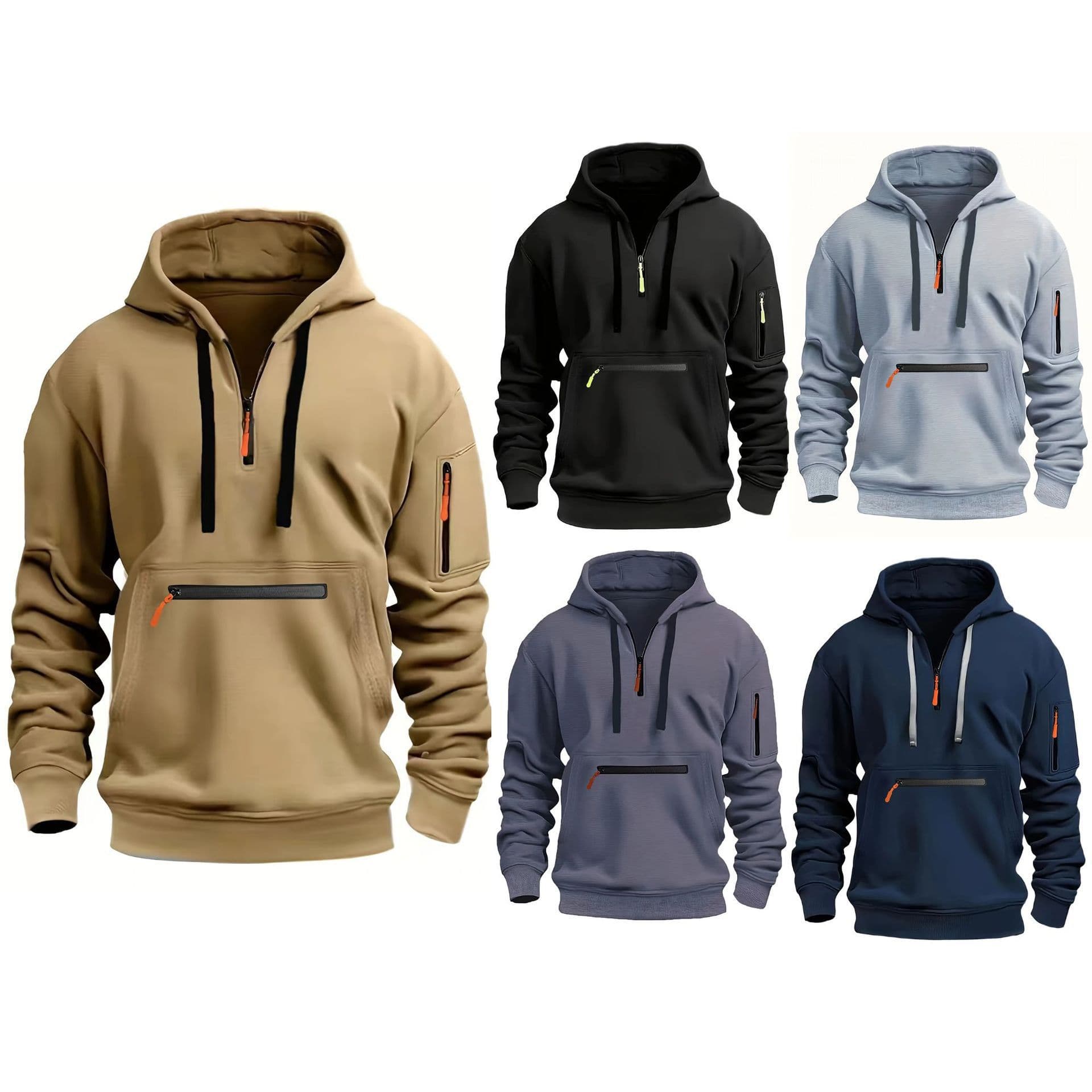 Men's Cross-Border Hoodie Sweatshirt with Pockets, Waterproof Zipper, Multi-Pocket Pullover, Men's Sports Casual Loose Fit