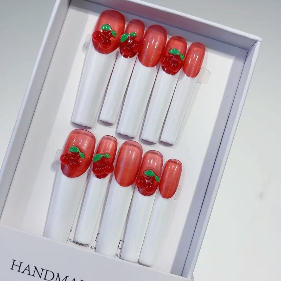 temu hot selling extra long 5.0 water pipe nails white French cherry cross-border handmade wear nails fakenails wholesale