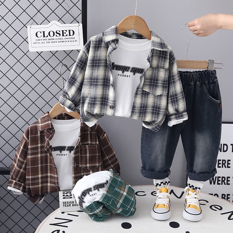 Kids Boys Spring Suit 2025 New Stylish Plaid Shirt Little Boy Handsome Fashion Long Pants 3-Piece Set