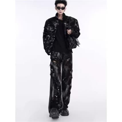 Denim Suit Men's Street Art Graffiti Washed Distressed Spring Autumn Jacket Loose Fit Jeans