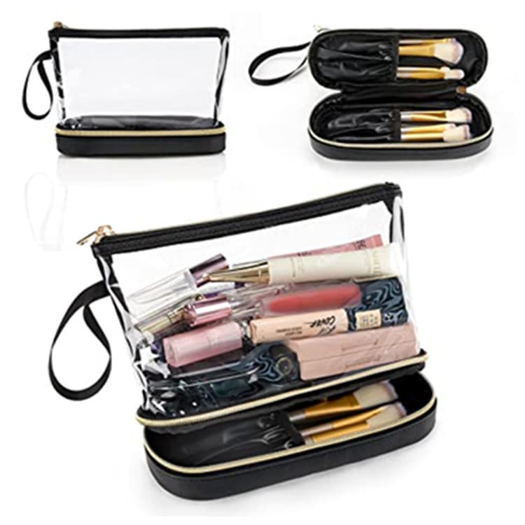 In Stock Amazon Transparent PVC Cosmetic Bag Double-Layer Design Waterproof Travel Makeup Bag Waterproof Compartment Toiletry Bag
