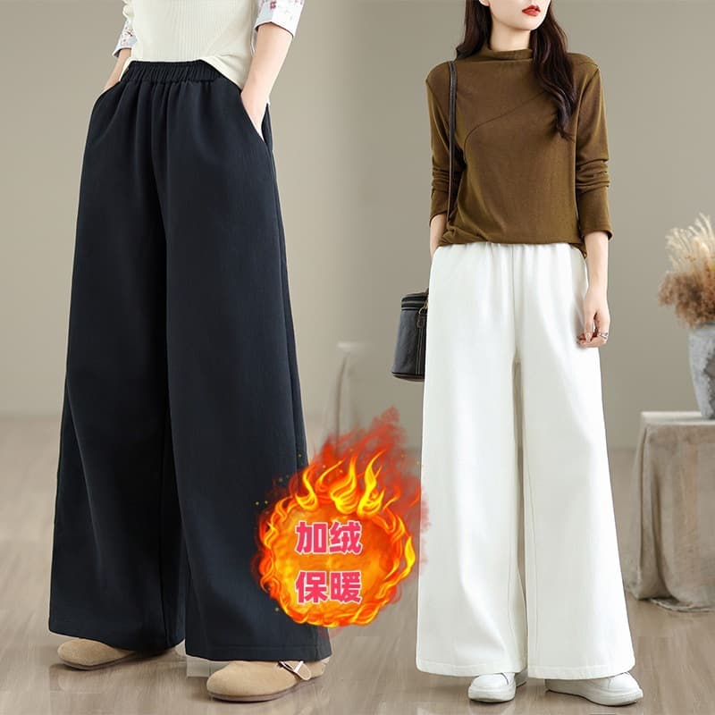 Cotton Linen Fleece-Lined Wide-Leg Pants for Women, Autumn Winter Loose Artistic Retro Warm Thickened Chinese Style Casual Trousers