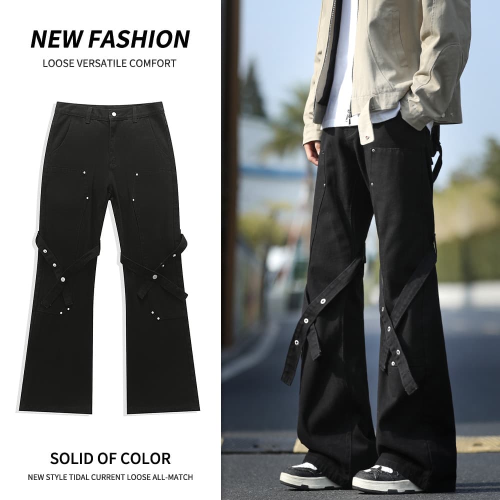 Deconstructivist Strap Cargo Pants Black Flare Jeans for Men High Street Cool Slim Fit Techwear Trousers