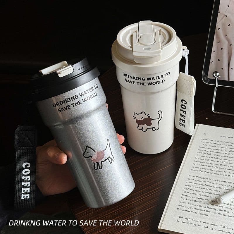 Stainless Steel Thermos Cup for Girls, Cartoon Cat Straw Water Bottle, Portable Water Bottle, Men's Coffee Cup, Direct Drinking Cup