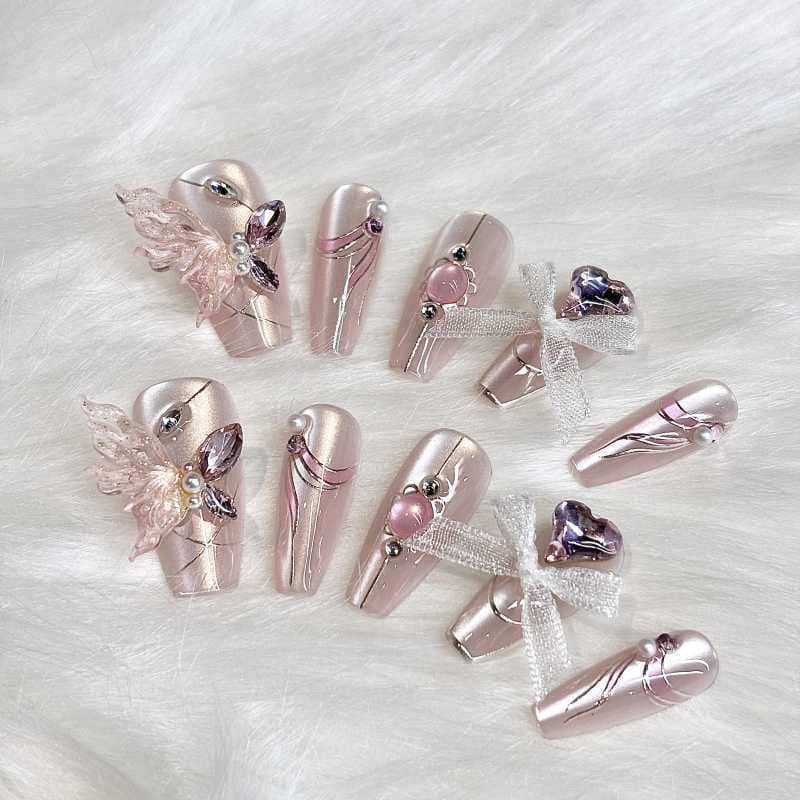 Long Custom Butterfly Handmade Wearable Nails Ice Crystal Cat Eye Nail Art Finished Product Factory Wholesale