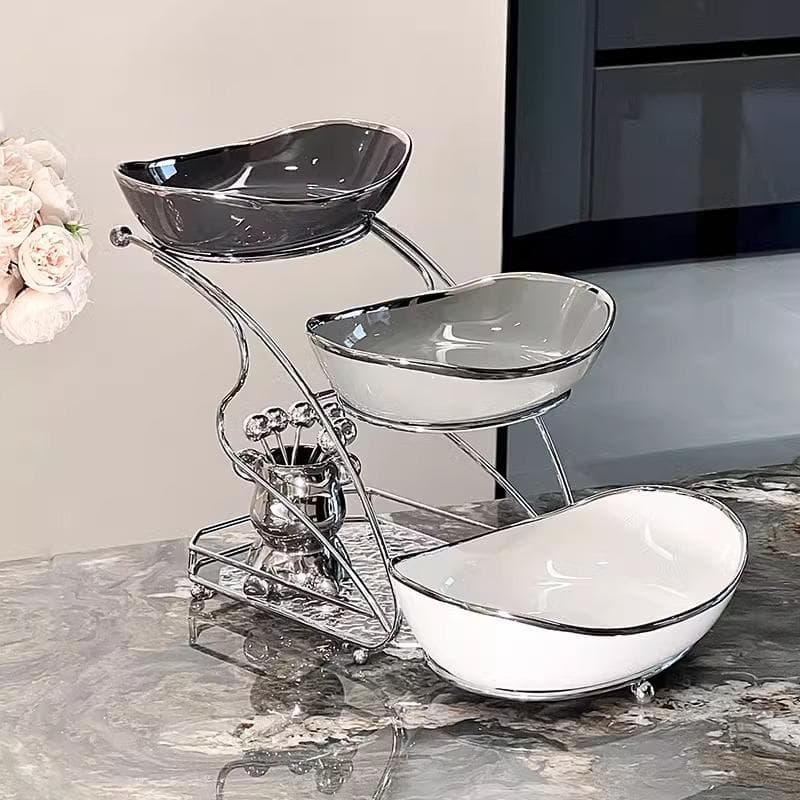 Light luxury high-end silver edge ceramic fruit tray, living room coffee table home Chinese New Year snack display tray, dried fruit storage tray