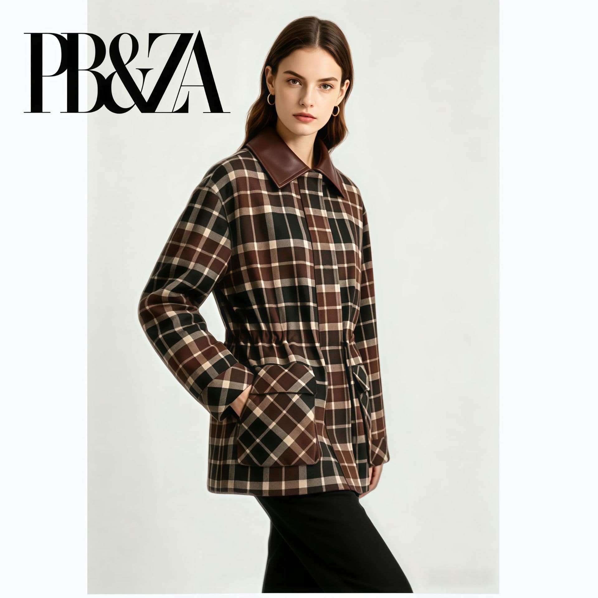 PB&ZA Vintage Plaid Lapel Workwear Jacket for Women, Waist-Cinching Large Pockets Mid-Length Casual Coat