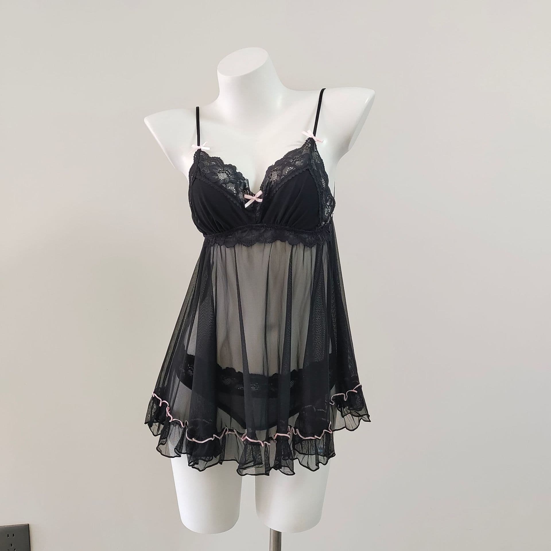 Women's Autumn/Winter New Thin Sexy Sleepwear Transparent Mesh Wedding Bride Sexy Nightgown Lace Small Bust Set