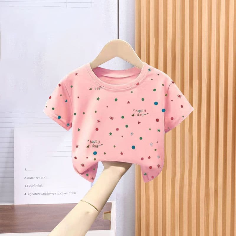 Girls' Round Neck Korean Style Cartoon T-Shirt Summer Polka Dot Cartoon Base Top Summer Thin Round Neck Children's T-Shirt