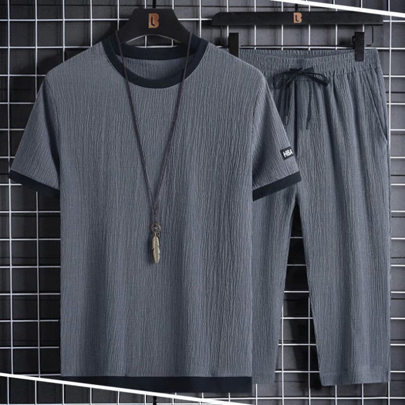 Ice Silk Men's Casual Sportswear Set Loose Plus Size Summer Fashion Short Sleeve Seven-Tenths Pants Two-Piece Trendy Set