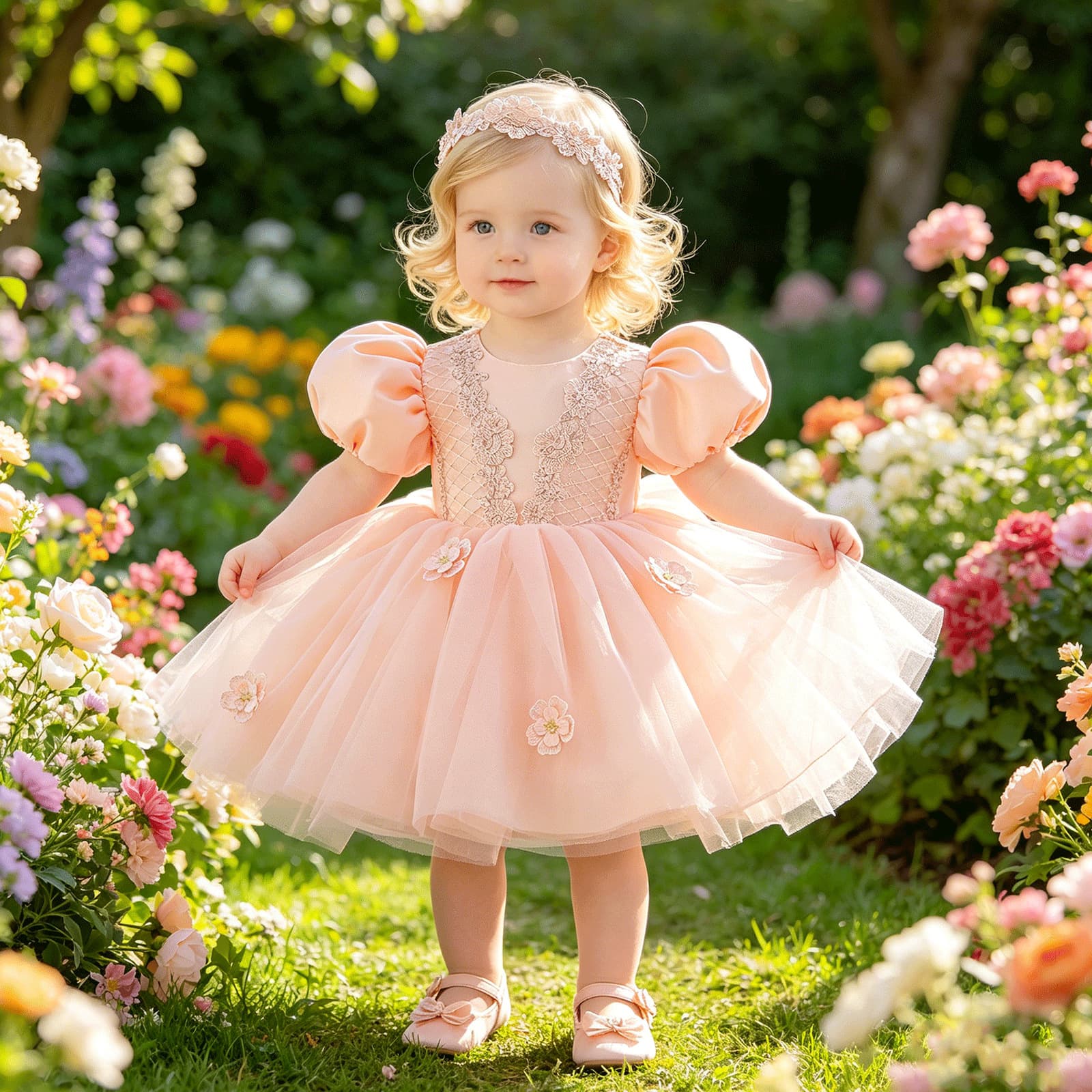Kids Princess Dress Baby Girl 1st Birthday Dress Embroidered Headband Flower Girl Wedding Dress Baby Dress