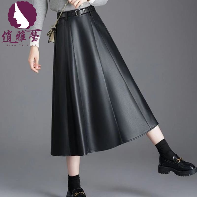 2025 New Long Simple A-Line Leather Skirt Fashion Flared Skirt High-Waist Elegant Large Size Mom Skirt
