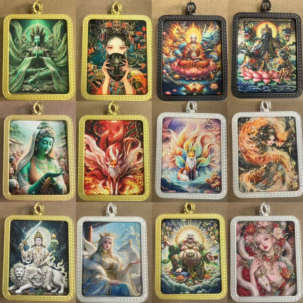 Hand-painted gold pendant Green Tara Ksitigarbha Nine Tails Square Thangka Painting Box Scenic Temple Cultural Toy Pendant