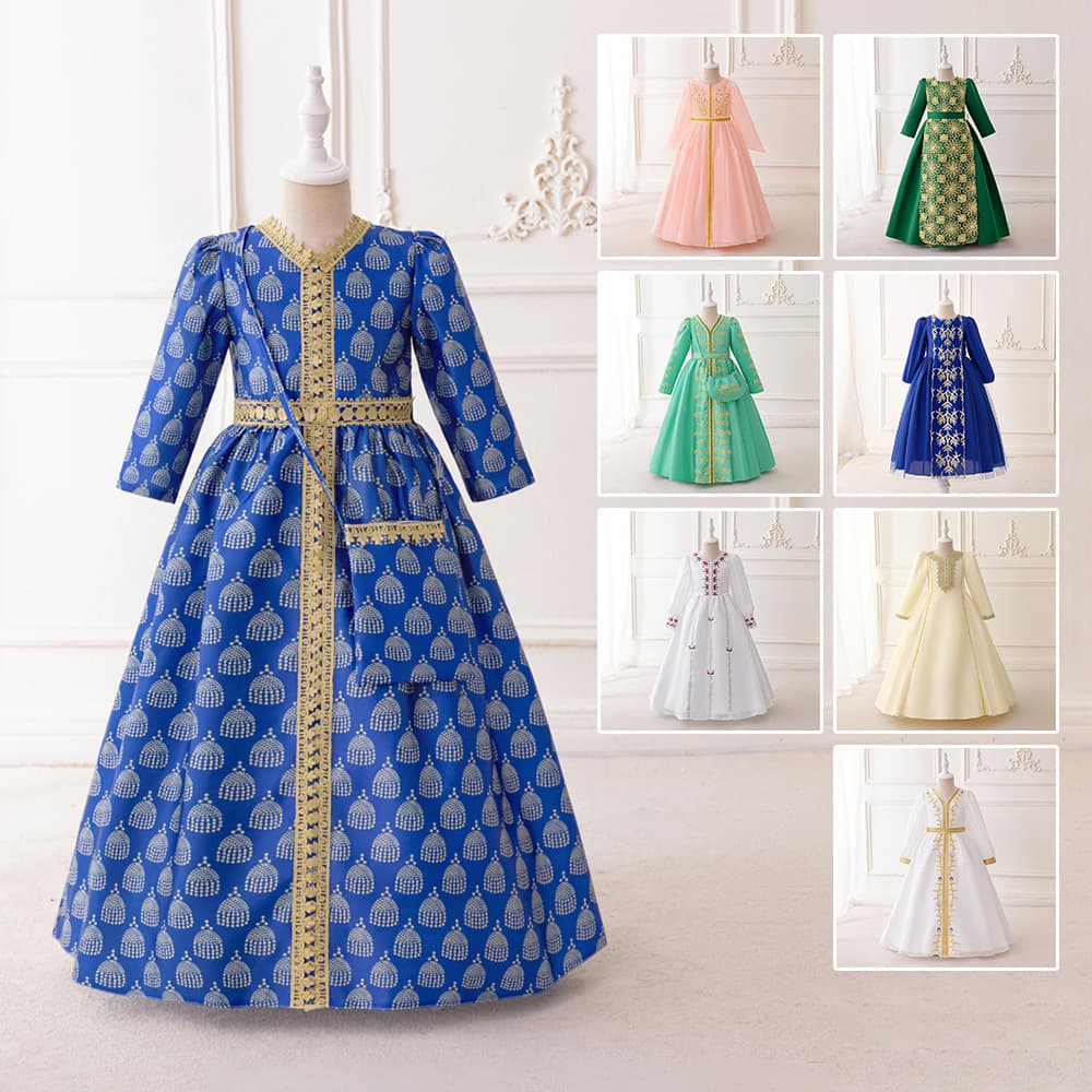 Princess Style Long Sleeve Embroidered Muslim Dress for Girls Ages 3-8 Cotton Polyester Blend Spring Autumn Winter Suitable
