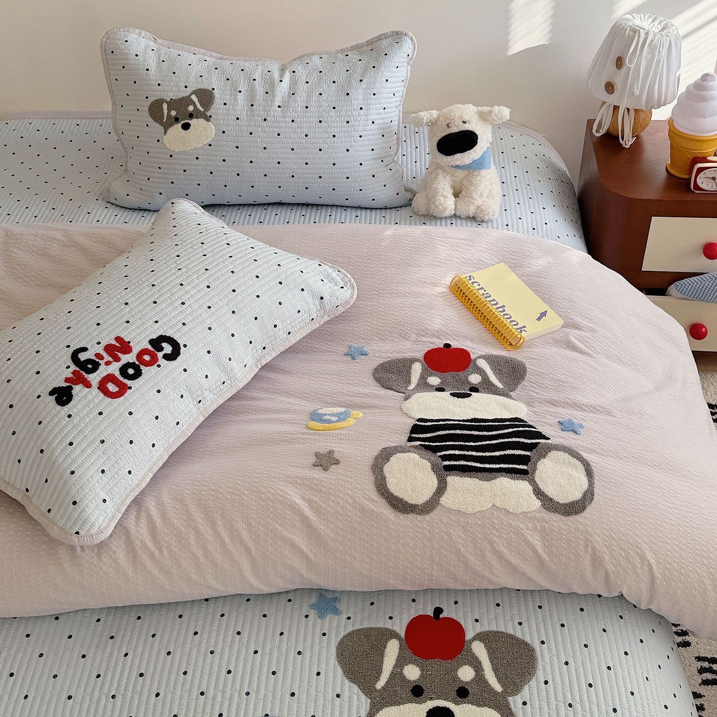 Korean Puff Cotton Bedding 4-Piece Set Single Cartoon Embroidered Duvet Cover Student Dormitory 3-Piece Set