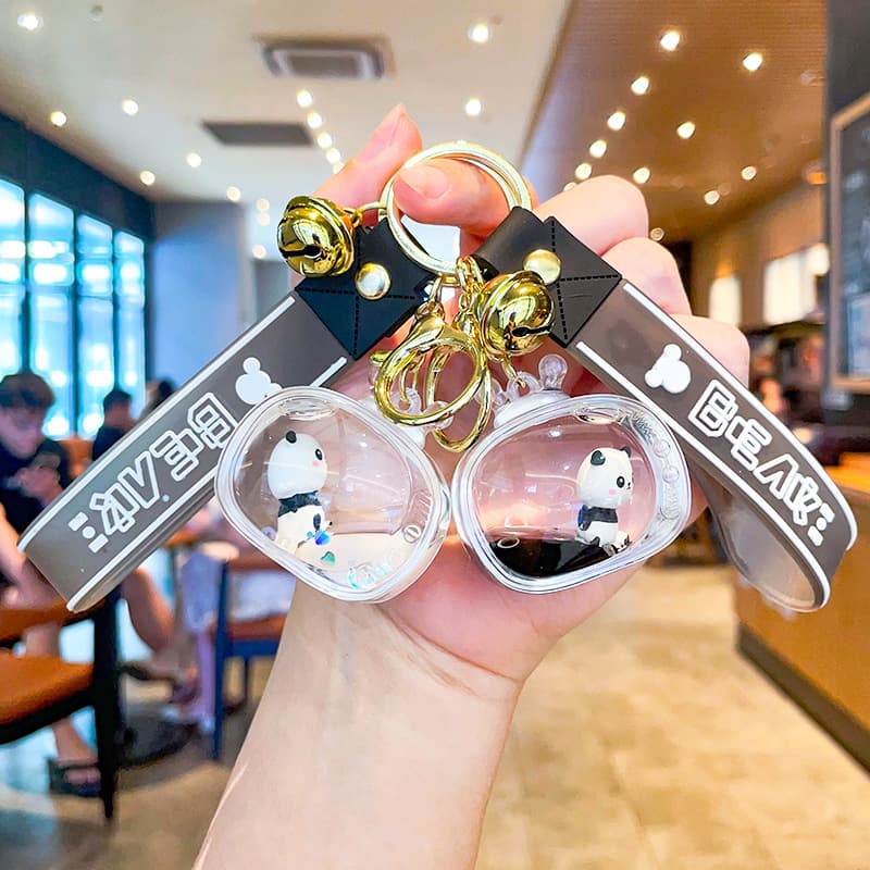Oil-filled keychain with TV panda cartoon charm, drifting bottle keychain, children's small gift, bag pendant