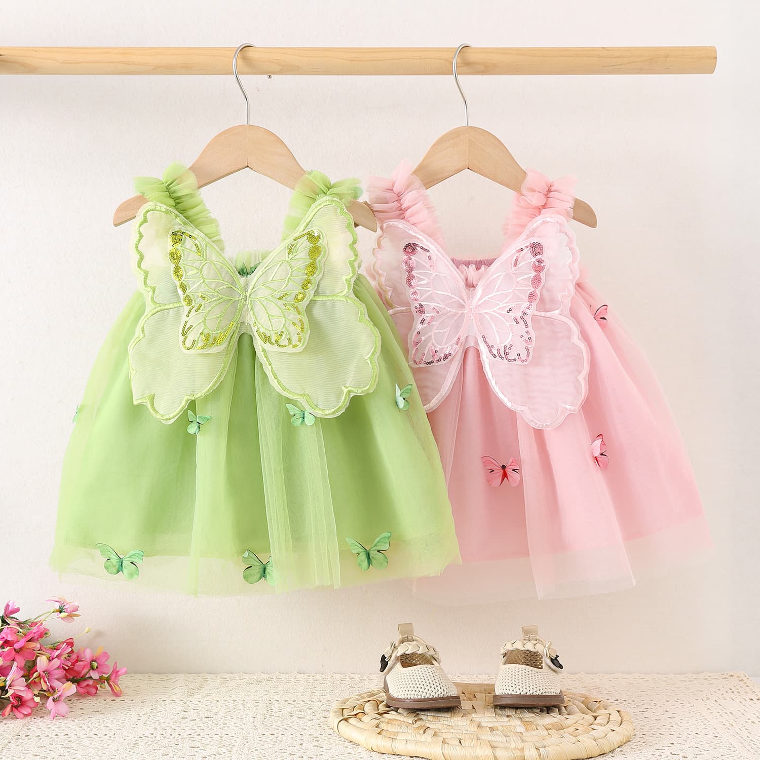 1590 Summer New Back Butterfly Wing Embroidery Dress for Girls, Korean Style Mesh Princess Strapless Dress