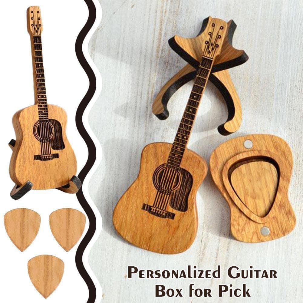 Cross-Border Best-Selling Wooden Guitar-Shaped Pick Holder with Stand, Guitar Pick Case, Wooden Craft