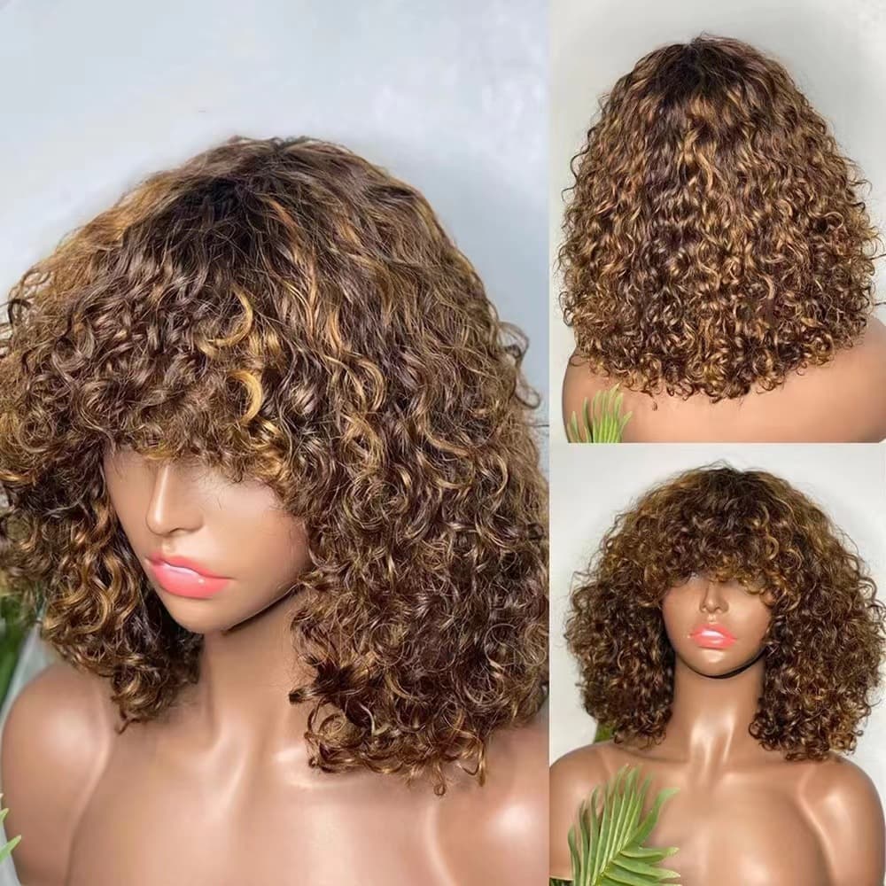 12A Brazilian Hair 4/27 Color Curly Bob Wig with Fringe