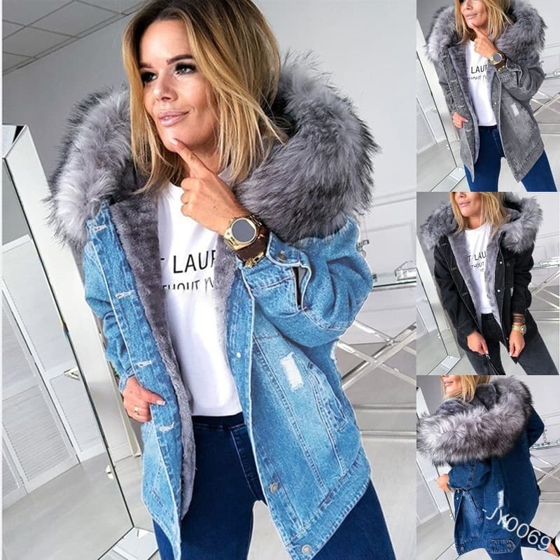In Stock 2021 Wish European and American Retro Large Fur Collar Denim Jacket Warm Mid-Length Distressed Coat W141