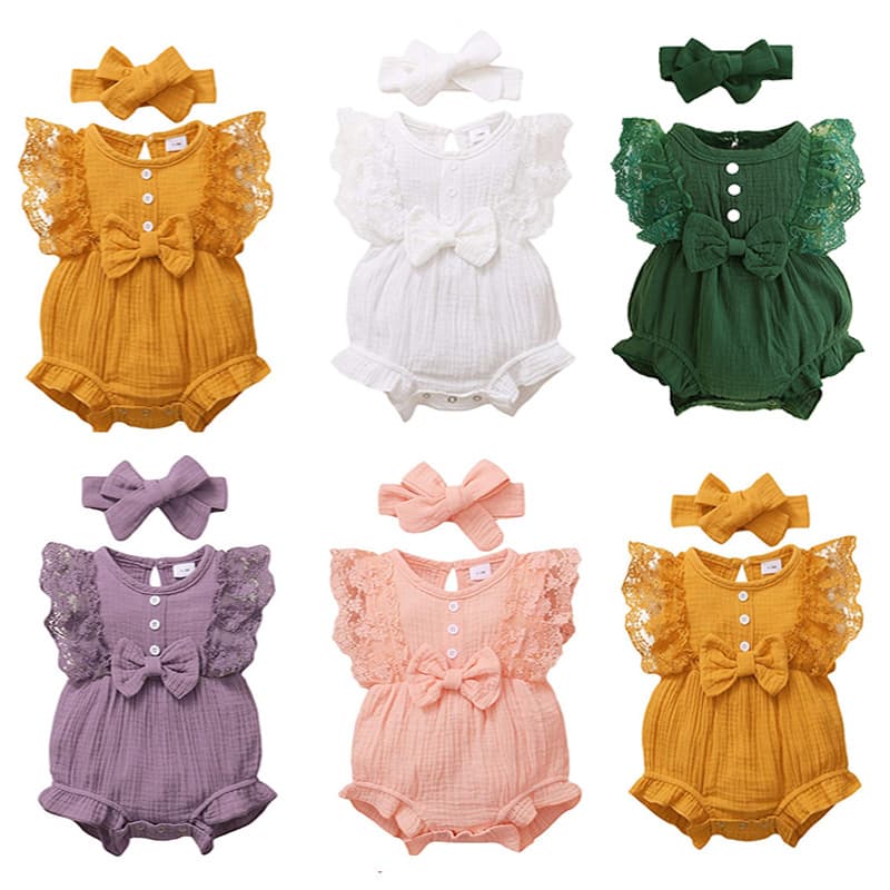 ins European and American foreign trade infant girls baby candy color lace bag farts princess dress jumpsuit headband
