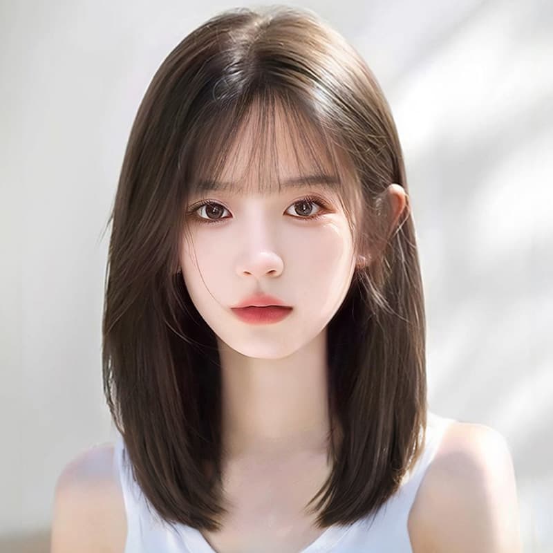 Women's Medium-Long Natural Real Human Hair Full Wig, Bob Style Shoulder-Length Hair, Age-Reducing Full Wig