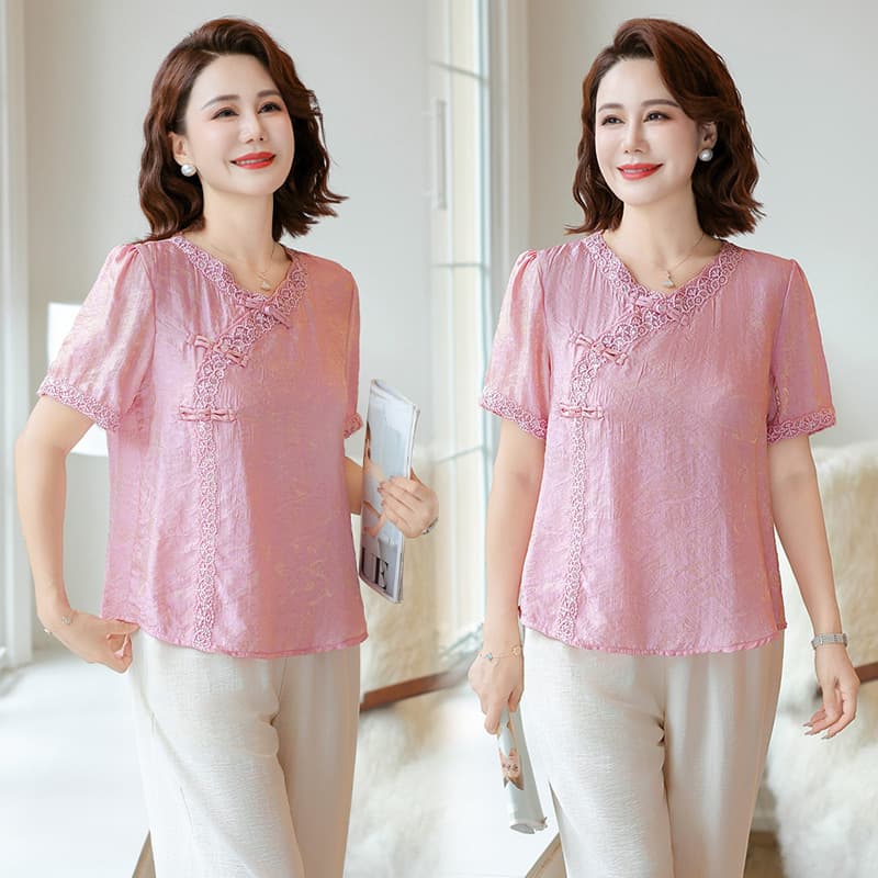 2025 spring/summer new artistic ramie solid color print top patchwork V-neck diagonal placket decorative button T-shirt women