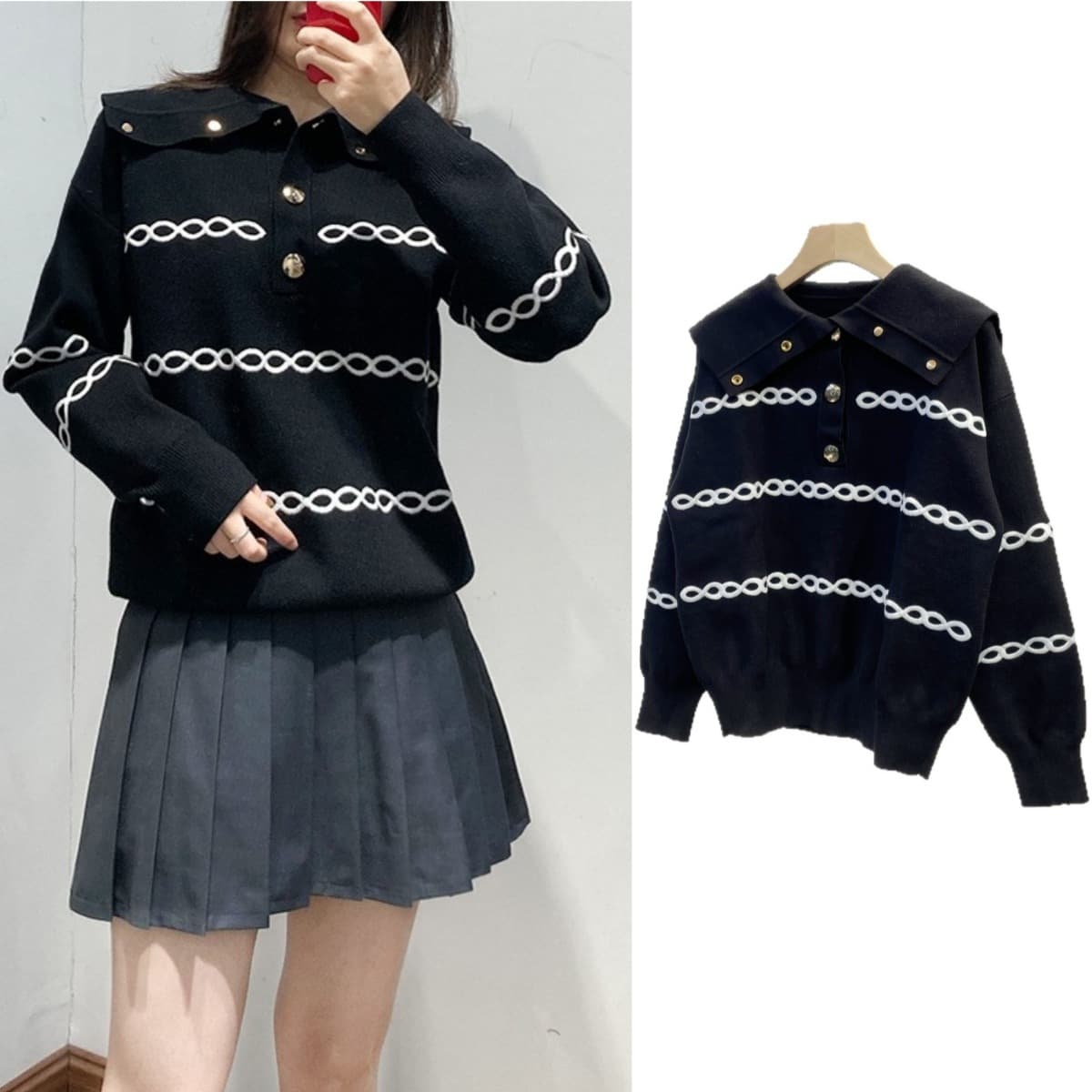 Cross-border Women's French Spring New Navy Collar Wool Sweater Women Loose Striped Embroidered Knit Pullover Thick