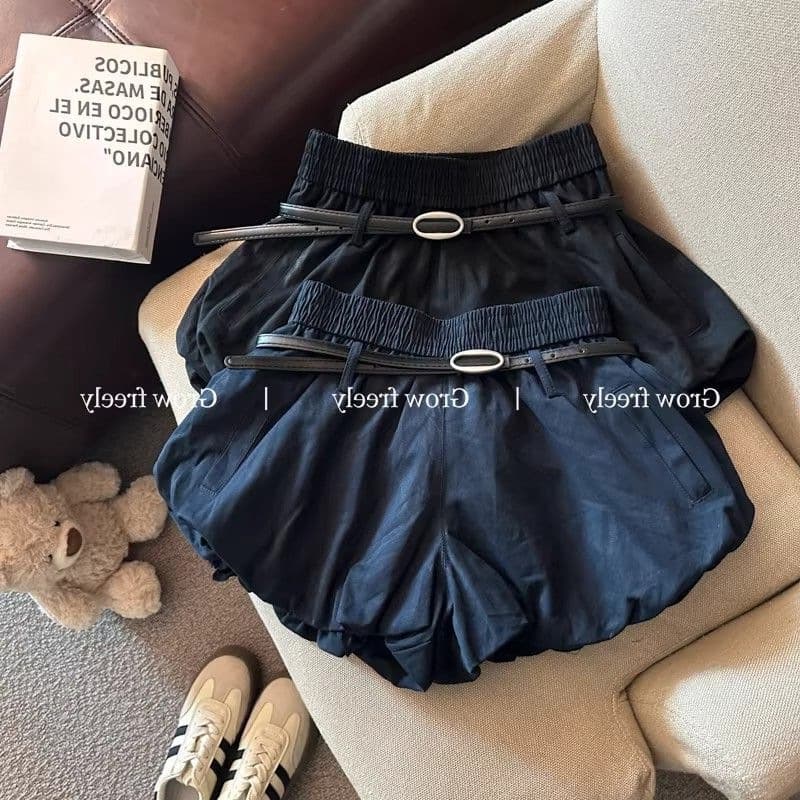 Grow freely Korean style high-waisted flower bud puff skirt pants for women summer anti-exposure lantern a-line shorts with belt