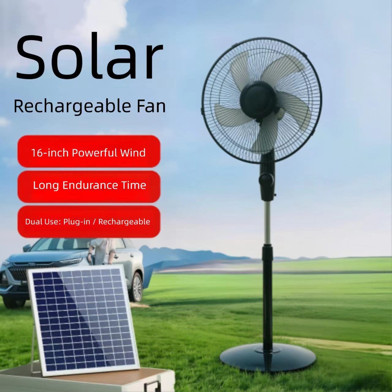 16" Solar & 12V Battery Powered Floor Fan - Energy-Saving, L
