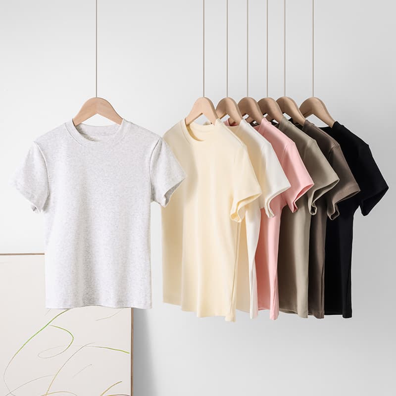 Women's French Round Neck Short Sleeve T-Shirt, 2025 Summer Short Length, Stretchy Fitted Slimming Crop Top
