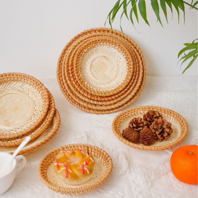 Handwoven Rattan Small Round Storage Basket Bamboo Tray Decorative Home Serving Plate