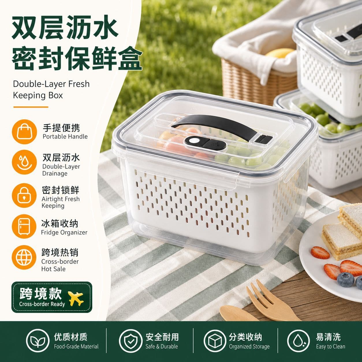 Portable Fresh-Keeping Box Outdoor Portable Storage Box Double-Layer Drain Box Sealed Plastic Refrigerator Freezer Box with Lid Wholesale